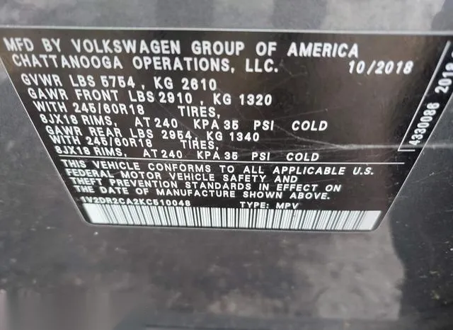 1V2DR2CA2KC510048 2019 2019 Volkswagen Atlas- 3-6L V6 Se 9