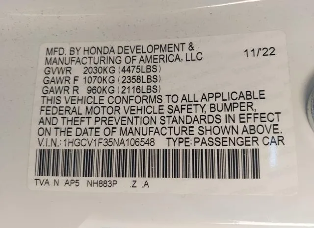 1HGCV1F35NA106548 2022 2022 Honda Accord- Sport 9