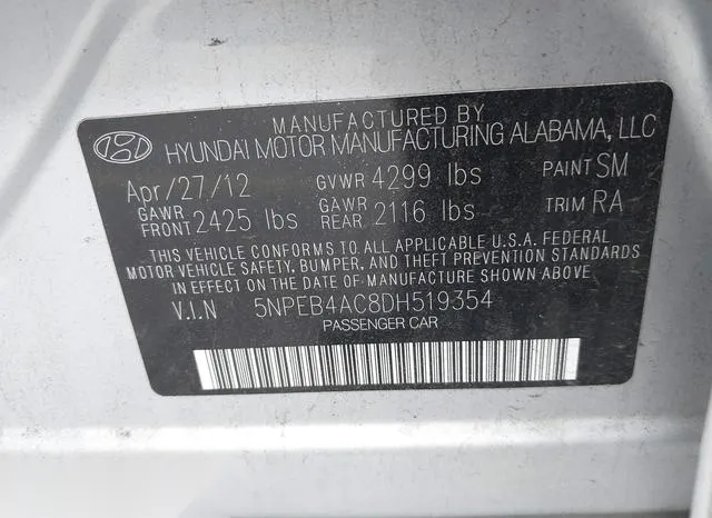 5NPEB4AC8DH519354 2013 2013 Hyundai Sonata- Gls 9