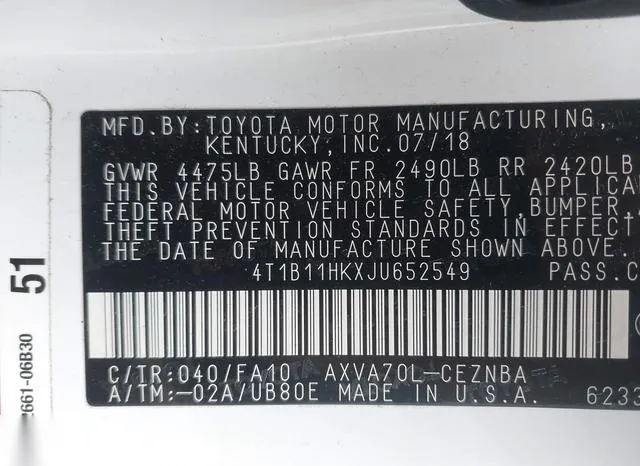 4T1B11HKXJU652549 2018 2018 Toyota Camry- LE 9