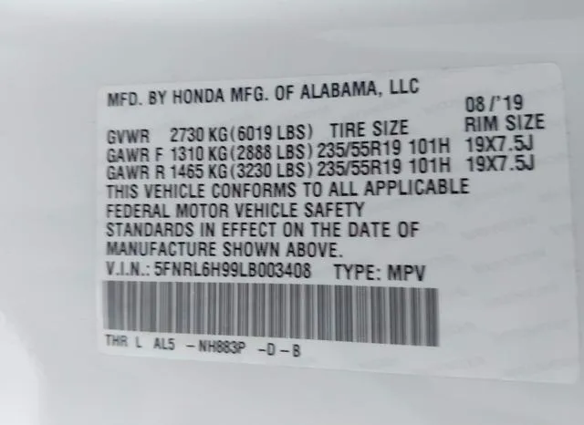 5FNRL6H99LB003408 2020 2020 Honda Odyssey- Elite 9