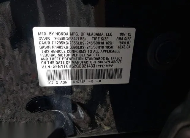 5FNYF6H52GB021433 2016 2016 Honda Pilot- Ex-L 9