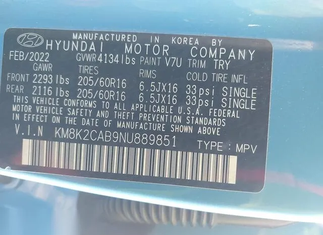 KM8K2CAB9NU889851 2022 2022 Hyundai Kona- SE 9