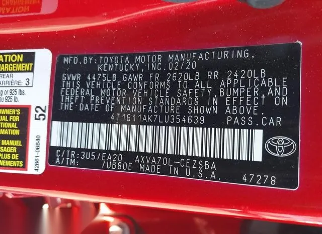 4T1G11AK7LU354639 2020 2020 Toyota Camry- SE 9