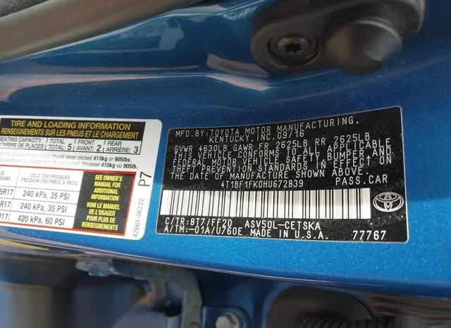 4T1BF1FK0HU672839 2017 2017 Toyota Camry- SE 9