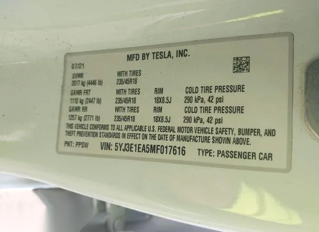 5YJ3E1EA5MF017616 2021 2021 Tesla Model 3- Standard Range P 9