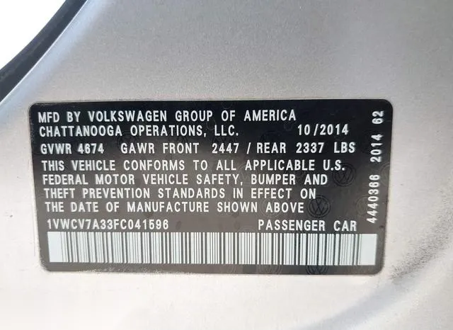 1VWCV7A33FC041596 2015 2015 Volkswagen Passat- 2-0L Tdi Sel 9