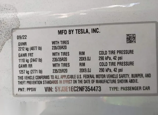 5YJ3E1EC2NF354473 2022 2022 Tesla Model 3- Performance Dual 9