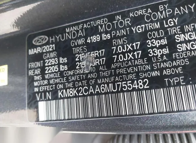 KM8K2CAA6MU755482 2021 2021 Hyundai Kona- Sel 9