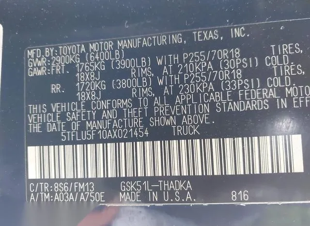 5TFLU5F10AX021454 2010 2010 Toyota Tundra- Grade V6 9