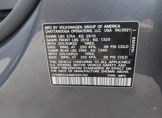 1V2WR2CA4MC584762 2021 2021 Volkswagen Atlas- 3-6L V6 Se W/ 9