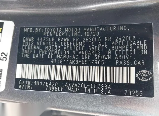 4T1G11AK8MU517865 2021 2021 Toyota Camry- SE 9