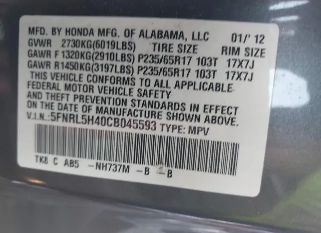 5FNRL5H40CB045593 2012 2012 Honda Odyssey- EX 9