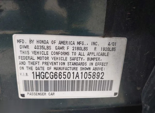 1HGCG66501A105892 2001 2001 Honda Accord- 2-3 LX 9