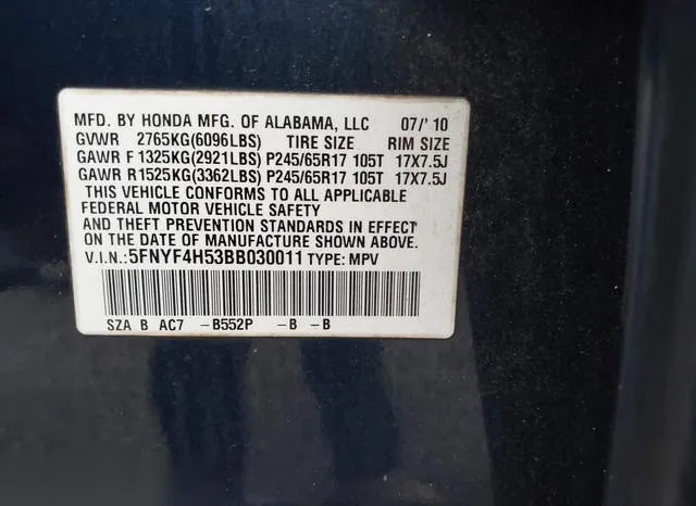 5FNYF4H53BB030011 2011 2011 Honda Pilot- Ex-L 9