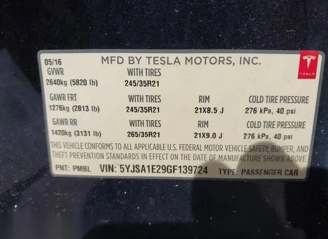 5YJSA1E29GF139724 2016 2016 Tesla Model S- 60D/70D/75D/85D/90D 9