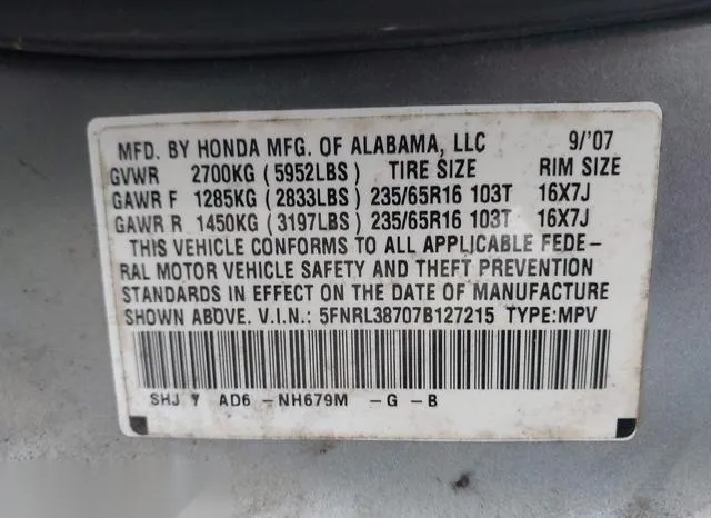 5FNRL38707B127215 2007 2007 Honda Odyssey- Ex-L 9