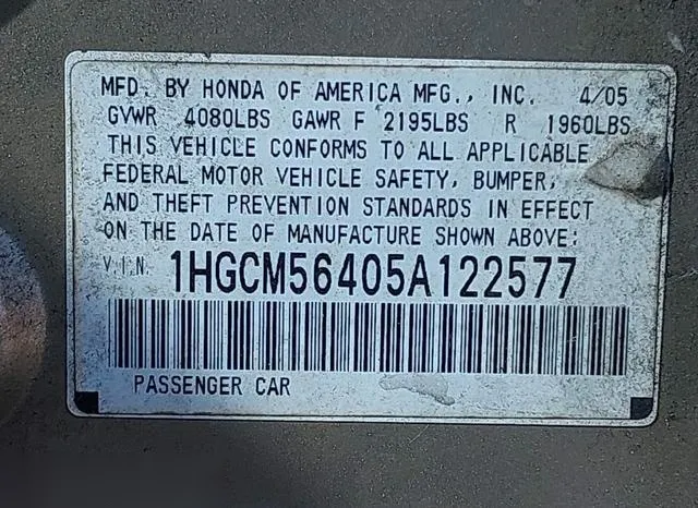 1HGCM56405A122577 2005 2005 Honda Accord- 2-4 LX 9