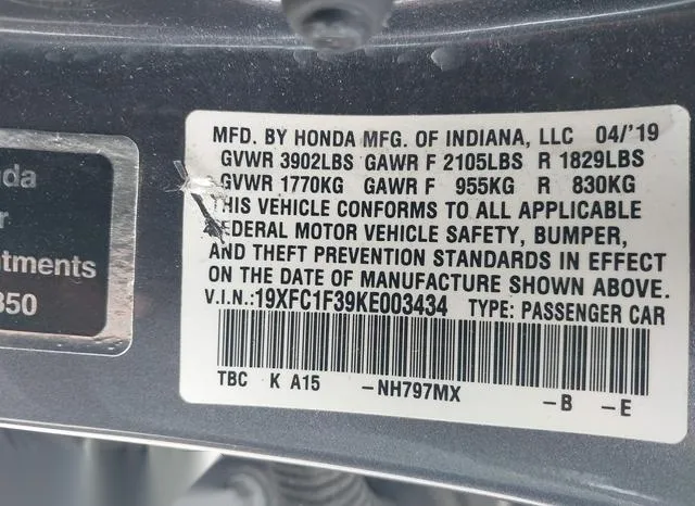 19XFC1F39KE003434 2019 2019 Honda Civic- EX 9