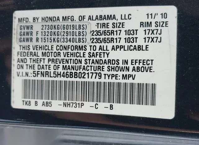 5FNRL5H46BB021779 2011 2011 Honda Odyssey- EX 9