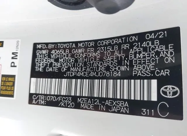 JTDP4MCE4MJ078184 2021 2021 Toyota Corolla- SE 9