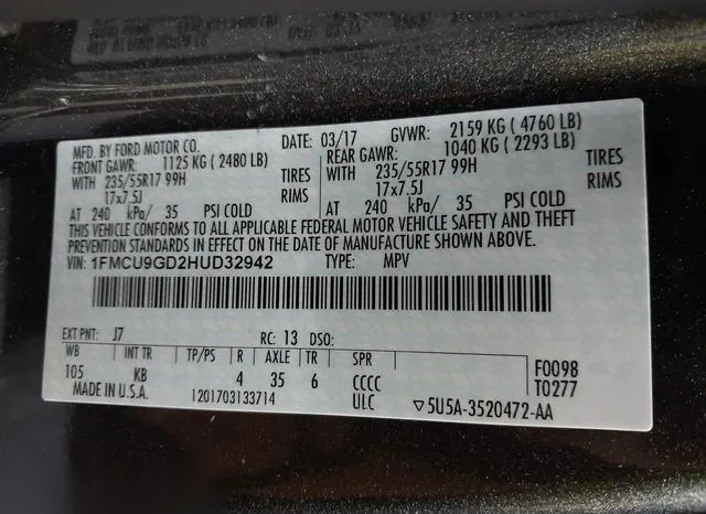 1FMCU9GD2HUD32942 2017 2017 Ford Escape- SE 9