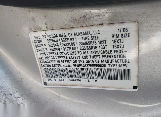 5FNRL38236B060838 2006 2006 Honda Odyssey- LX 9