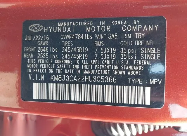 KM8J3CA22HU305366 2017 2017 Hyundai Tucson- Limited 9