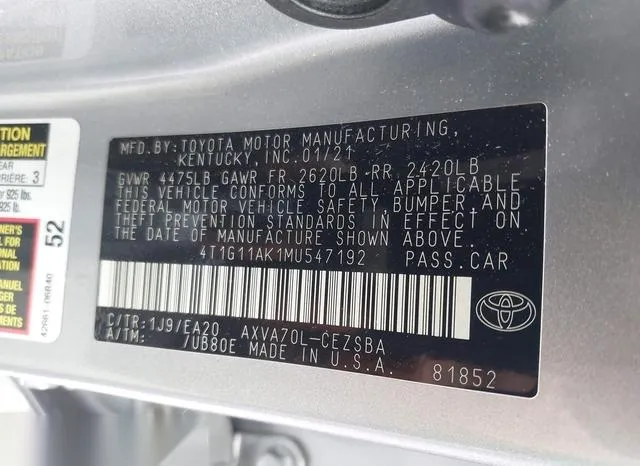 4T1G11AK1MU547192 2021 2021 Toyota Camry- SE 9