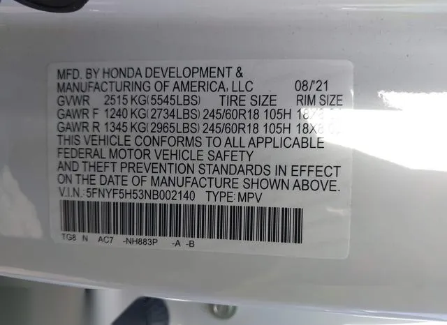 5FNYF5H53NB002140 2022 2022 Honda Pilot- 2Wd Ex-L 9