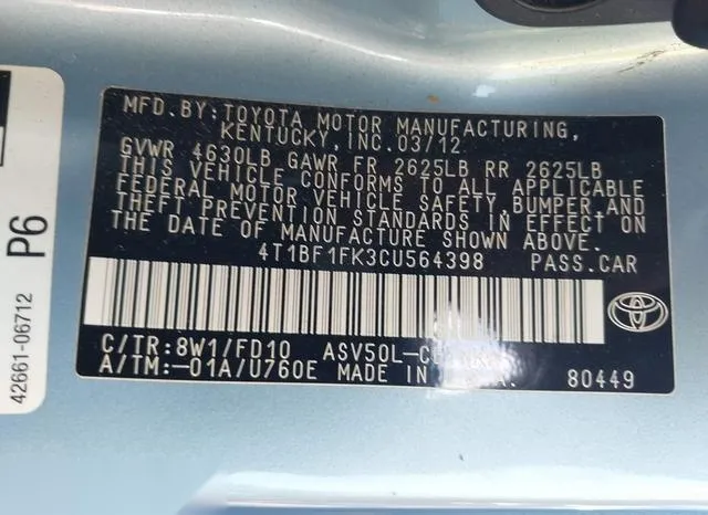 4T1BF1FK3CU564398 2012 2012 Toyota Camry- LE 9