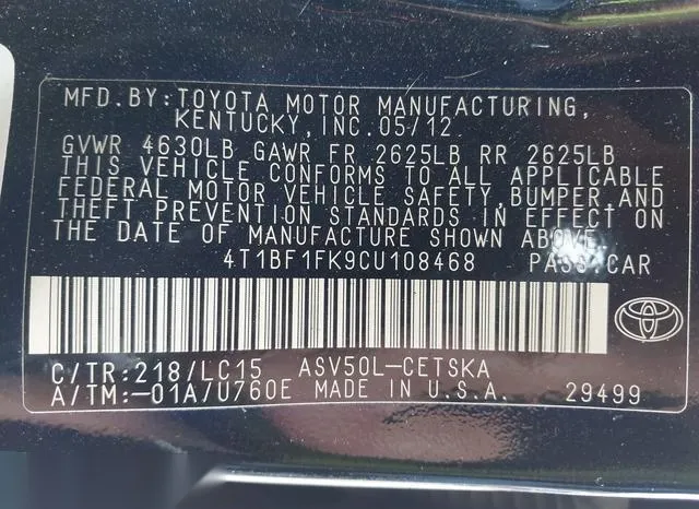 4T1BF1FK9CU108468 2012 2012 Toyota Camry- SE 9