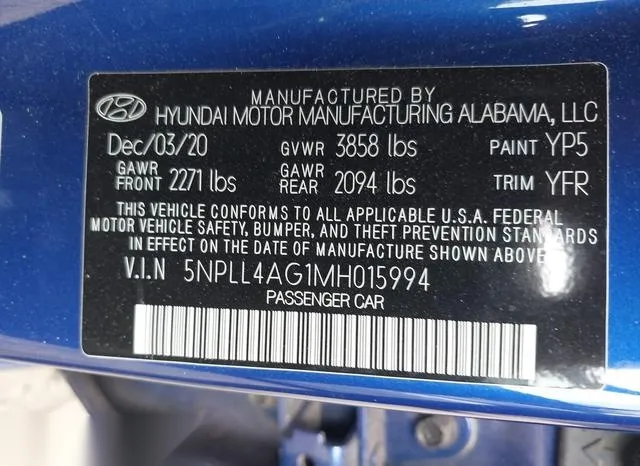 5NPLL4AG1MH015994 2021 2021 Hyundai Elantra- SE 9