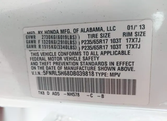 5FNRL5H68DB039818 2013 2013 Honda Odyssey- Ex-L 9