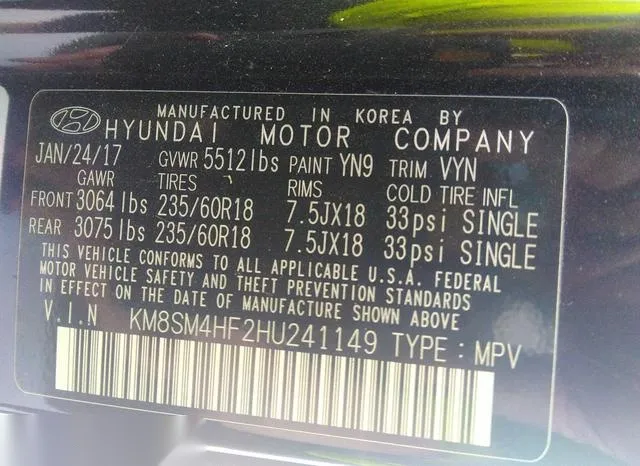 KM8SM4HF2HU241149 2017 2017 Hyundai Santa Fe- SE 9