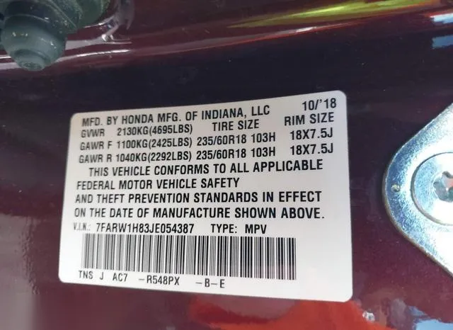 7FARW1H83JE054387 2018 2018 Honda CR-V- Ex-L/Ex-L Navi 9