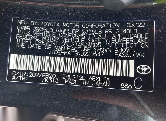 JTDEPMAE2NJ220647 2022 2022 Toyota Corolla- LE 9