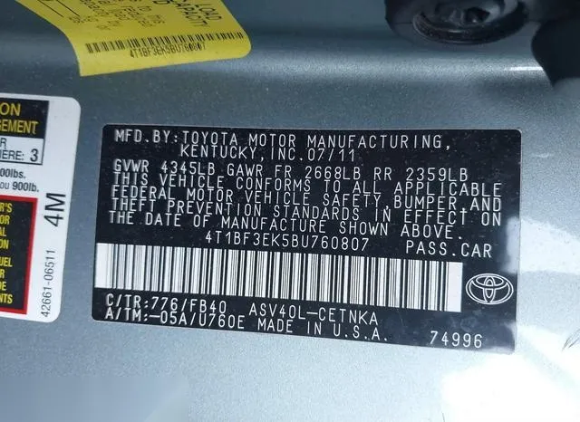 4T1BF3EK5BU760807 2011 2011 Toyota Camry- LE 9