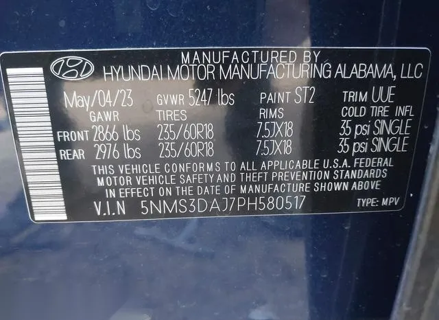 5NMS3DAJ7PH580517 2023 2023 Hyundai Santa Fe- Sel 9