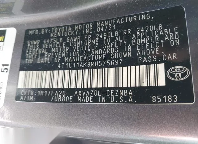 4T1C11AK8MU575697 2021 2021 Toyota Camry- LE 9