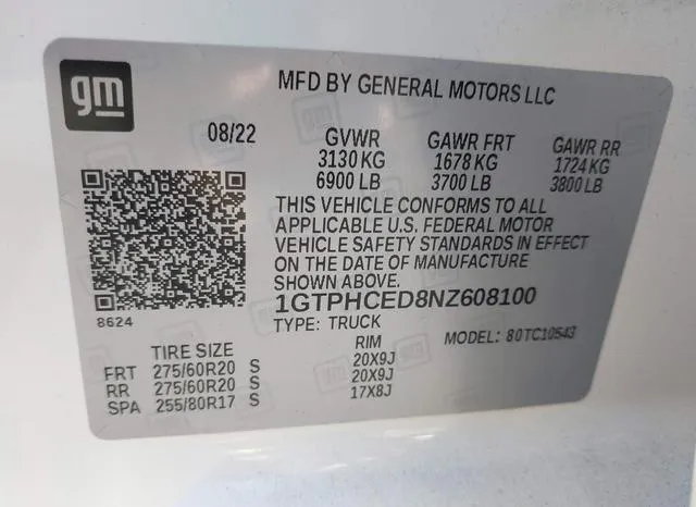 1GTPHCED8NZ608100 2022 2022 GMC Sierra- 1500 2Wd  Short Box 9