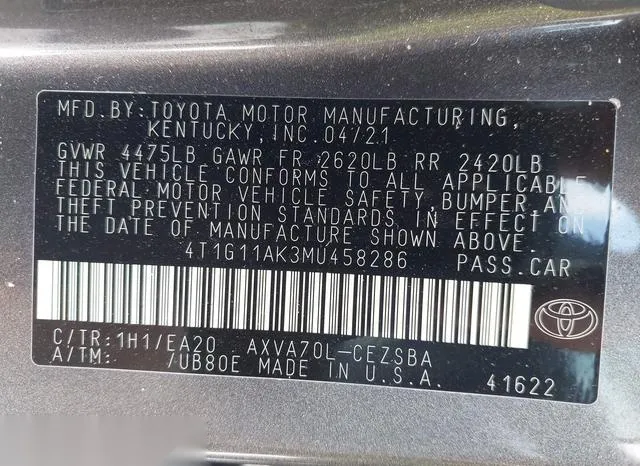 4T1G11AK3MU458286 2021 2021 Toyota Camry- SE 9