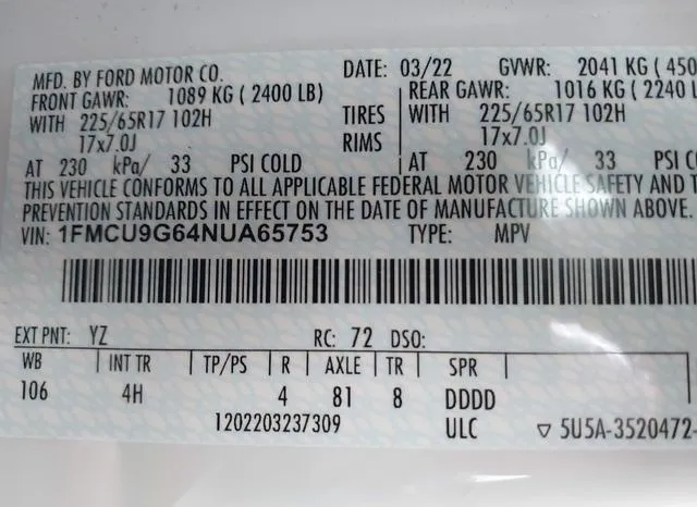 1FMCU9G64NUA65753 2022 2022 Ford Escape- SE 9