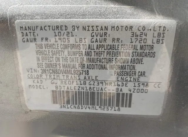 3N1CN8DV4ML925718 2021 2021 Nissan Versa- S Xtronic Cvt 9