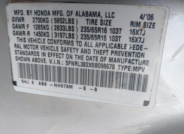 5FNRL382X6B098678 2006 2006 Honda Odyssey- LX 9