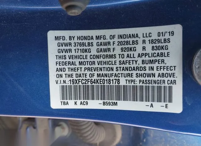 19XFC2F64KE018178 2019 2019 Honda Civic- LX 9