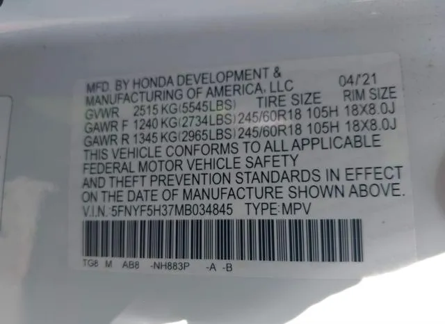 5FNYF5H37MB034845 2021 2021 Honda Pilot- 2Wd Ex 9