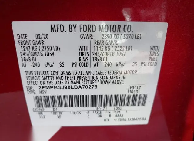 2FMPK3J90LBA70278 2020 2020 Ford Edge- Sel 9