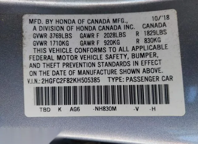 2HGFC2F82KH505385 2019 2019 Honda Civic- Sport 9