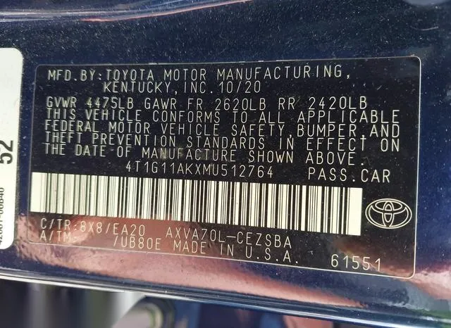 4T1G11AKXMU512764 2021 2021 Toyota Camry- SE 9